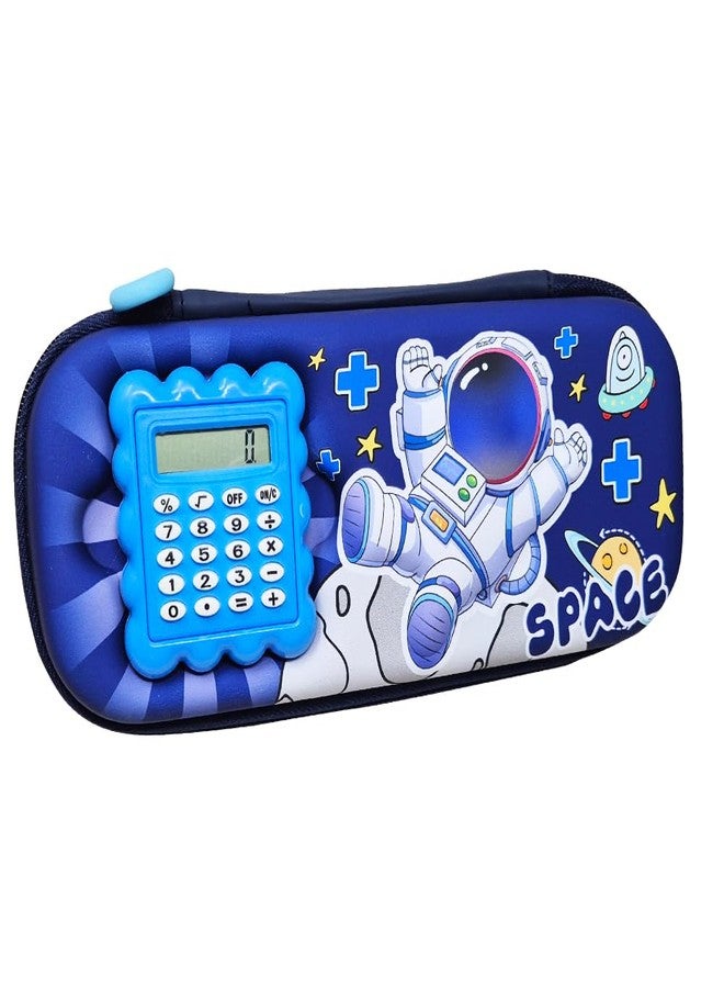 PARTEET Space Printed 3D Cover Pencil Case with Calculator | 2 Compartments Pencil Case and Stylish Pen Pencil Holder and School Supply Organizer Pouch for Girls (Dark Blue) - Image 1